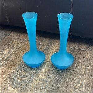 Set of 2 Satin Blue Bud Glass Vases Made in Japan Mid Century Modern